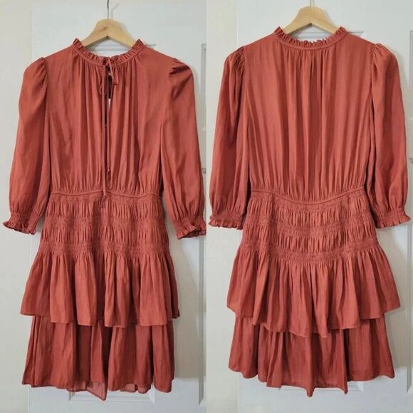 Maje Satin Ruffle Mini Dress Terracotta S (36) NWT - Picture 4 of 9
